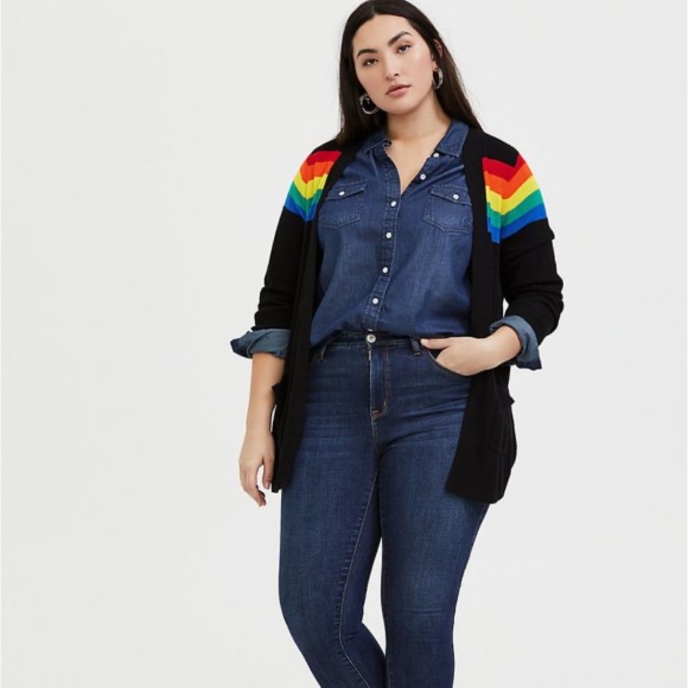 TORRID RAINBOW CELEBRATE LOVE LONG SLEEVE OPEN FRONT CASUAL CARDIGAN SWEATER